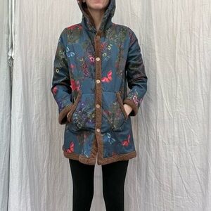 Blue and multicolored floral print jacket with‎ faux fur lining and hood